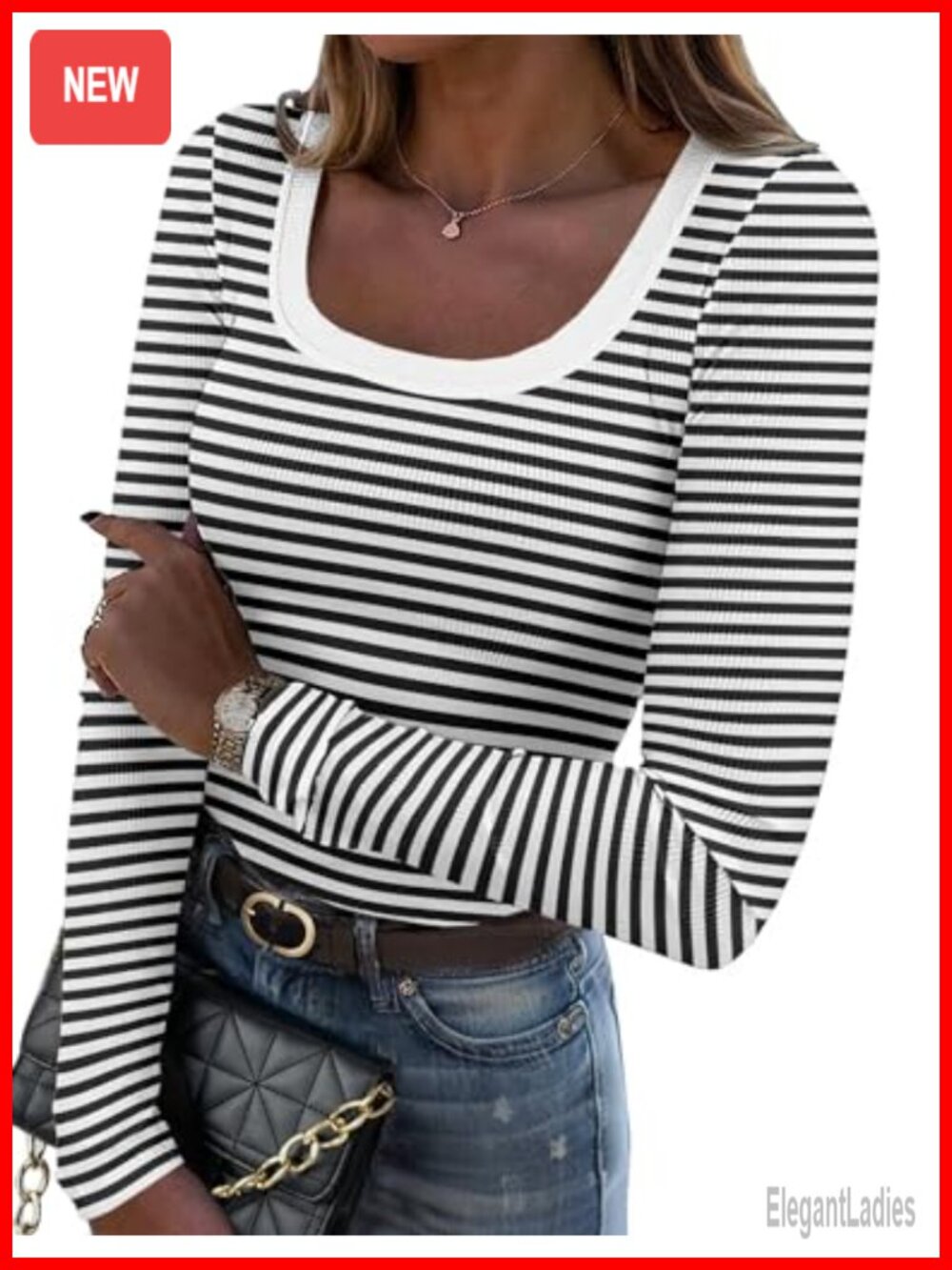 Rib Knit Long Sleeve Scoop Neck Slim Fit Top